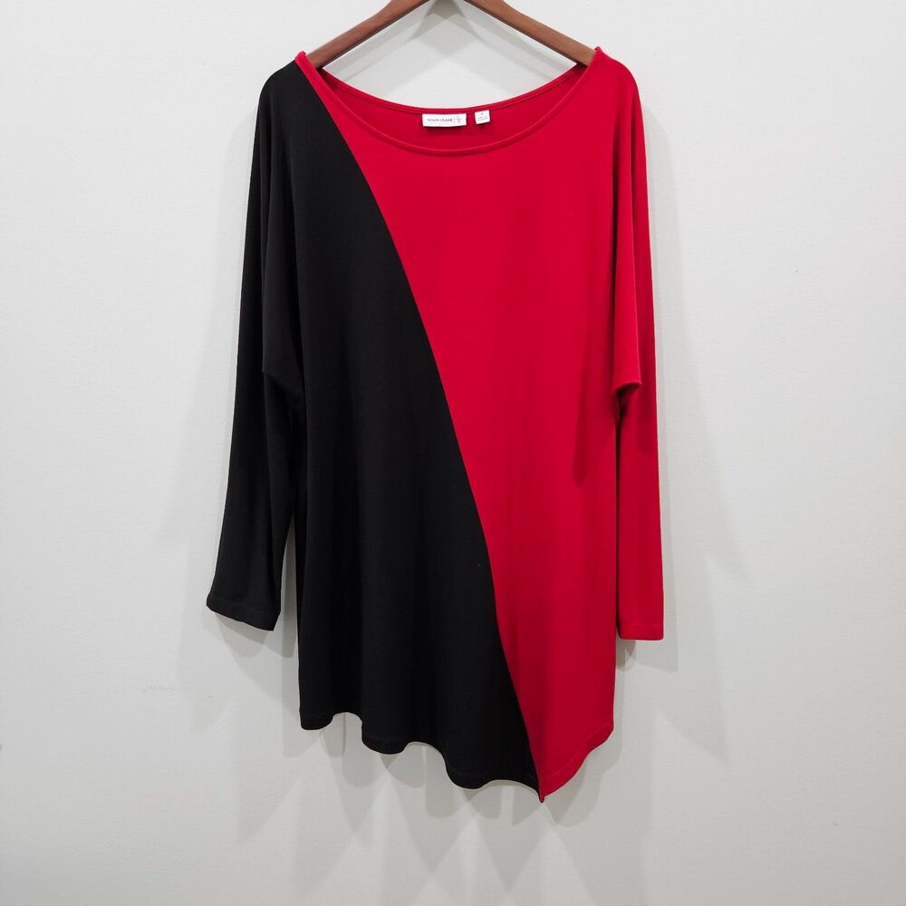 Susan Graver Womens Liquid Knit Top Plus 1X Red Black Vamp Goth Flowy Colorblock